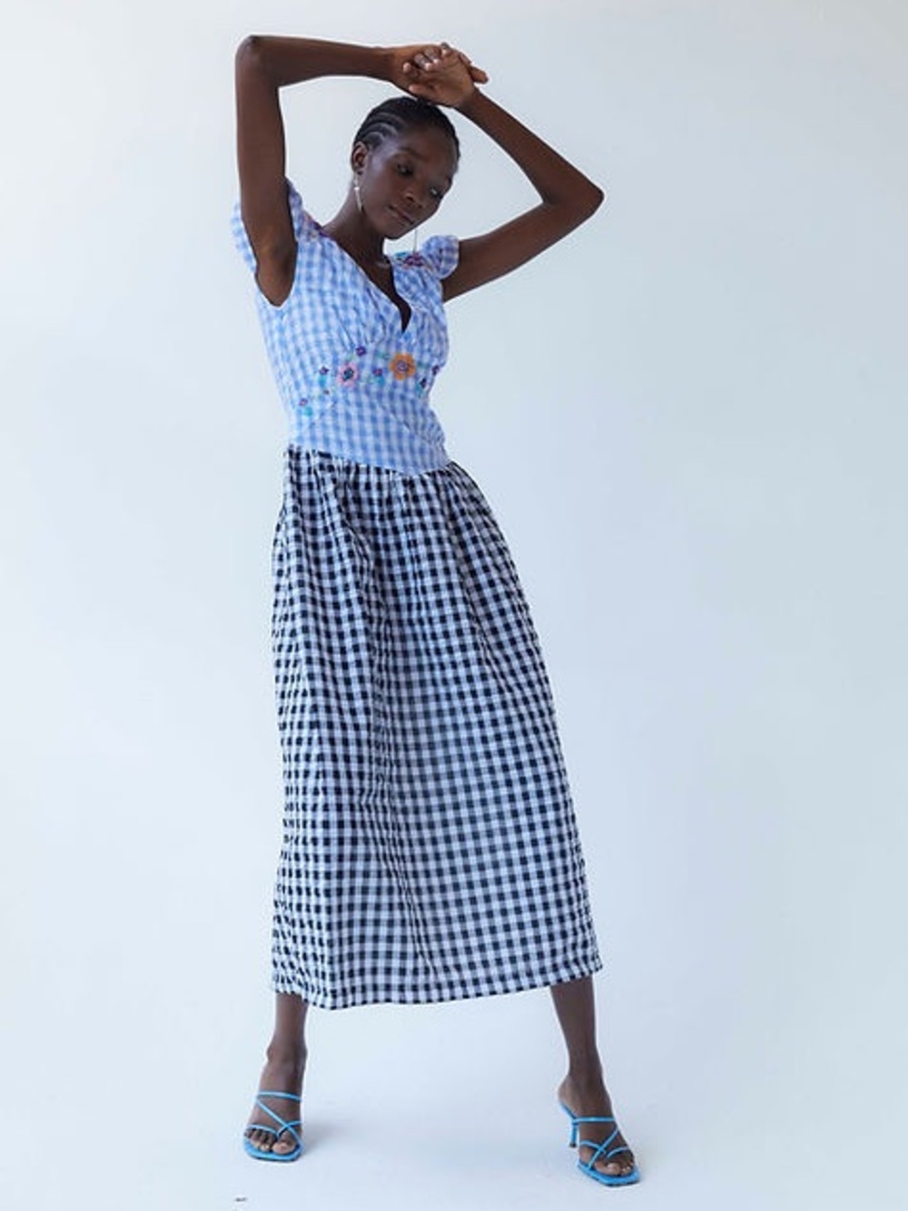 Tach Ilena Cloqué Gingham Embroidered Milkmaid Boho Cottagecore Dress L - Picture 3 of 16